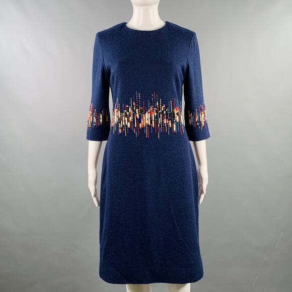 CAROLINA HERRERA Size 6 Blue Multi Color Wool Beaded Back Zip Dress - Picture 1 of 8
